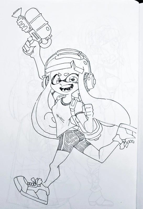 a black and white ink drawing of an anime girl from a video game.  she has short hair, is wearing a helmet and goggles, and is holding a large gun. she's running and  looking to her right.  she has a determined expression.  there is a faint outline of another girl, but the drawing is incomplete.