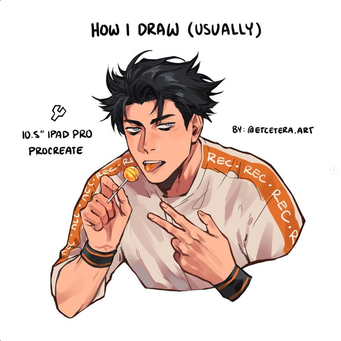 the image is a digital illustration of a young man with dark hair and a lollipop in his mouth. he is wearing a white shirt with an orange pattern. the text on the image indicates that the artist typically creates their art using an ipad pro and the procreate app.