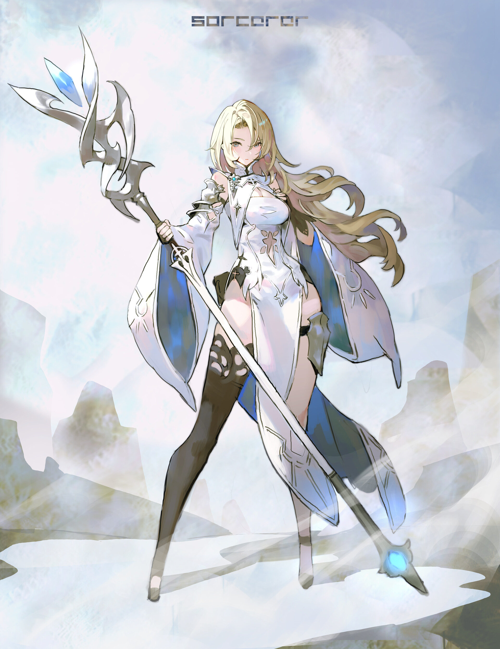the image features a full body illustration of an anime girl labeled as a sorcerer. she has long, flowing blonde hair and is wearing a predominantly white dress with blue accents. she is also wearing black stockings that reach midthigh. the sorcerer is holding a tall, ornate magic staff with a glowing blue crystal at the top and bottom. the background appears to be a stylized landscape with mountains and a bright, ethereal sky. the style of the artwork is reminiscent of digital painting, with soft lighting and blended colors.