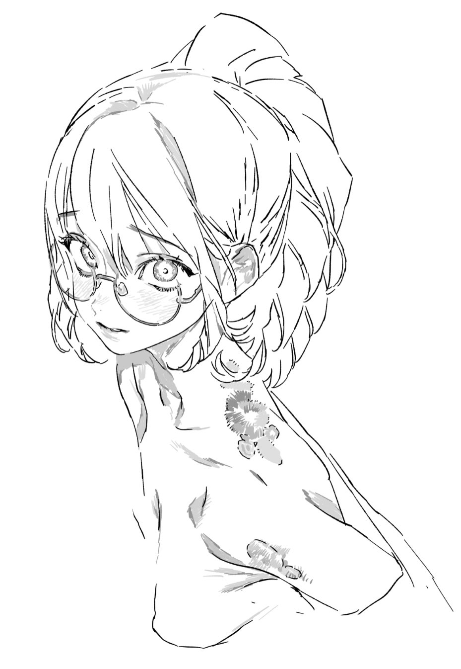 a black and white line drawing of an anime girl with short hair pulled back into a ponytail, wearing glasses, looking over her shoulder with a slight blush on her cheeks. a floral tattoo is visible on her shoulder.