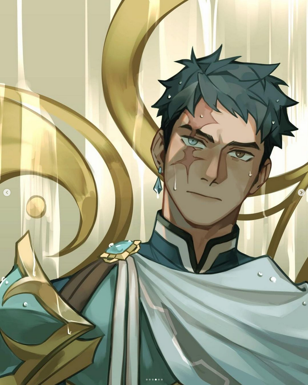 this is a digital illustration of a male character, likely from a fantasy setting. he has short dark hair and brown eyes. he has a scar over his left eye and a blue crystal earring. he wears ornate armor with blue and gold details. the background is a pattern of swirling lines in gold and white. he has a stoic expression on his face as rain falls around him.