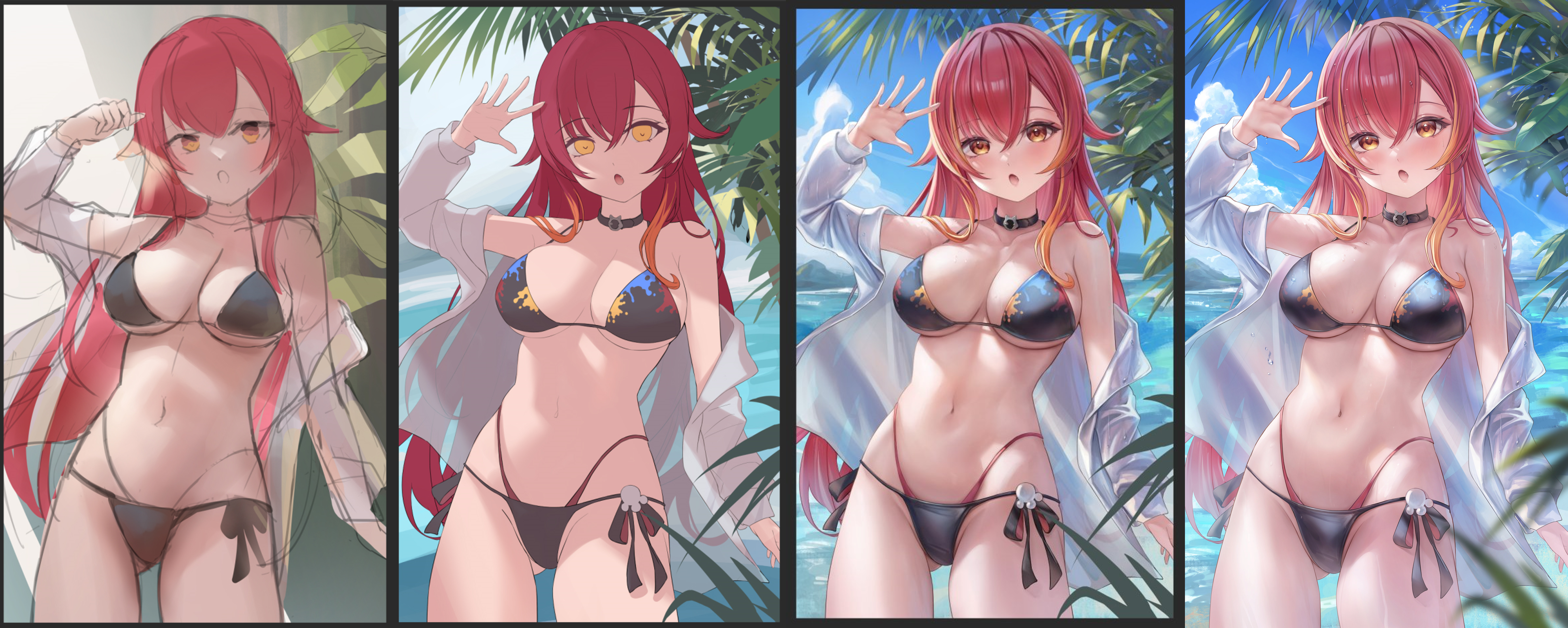 the image shows a series of four illustrations depicting the evolution of an anime girl in a bikini, set against a tropical beach backdrop. the first image appears as a rough sketch, gradually transitioning into a fully rendered, colorful artwork by the last image. the girl has red hair, fair skin, and is wearing a bikini and a white shirt. the background features palm trees, a blue sky, and ocean waves. the progression highlights improvements in detail, color vibrancy, and overall visual appeal.