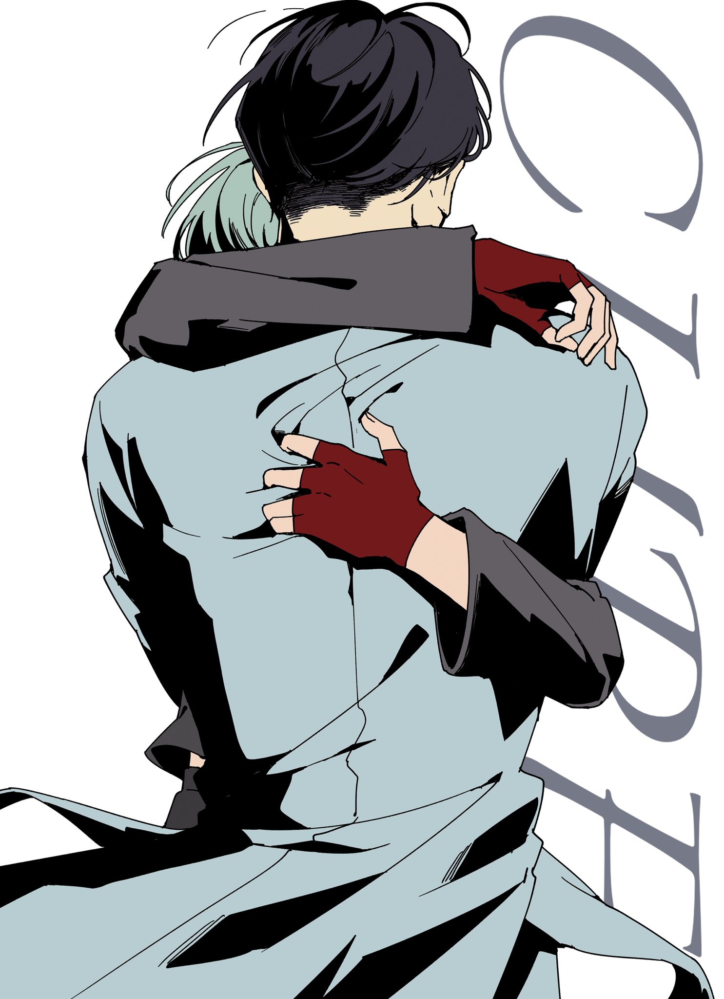 this is an illustration of two anime characters hugging each other. the character in the front has black hair and is wearing a grey jacket over a light blue shirt, while the character in the back has grey hair and is wearing a dark grey jacket. they appear to be in a romantic relationship, as they are hugging tightly and the character in the front is holding the other character’s arms with red gloves. the background has a soft, faded grey color, giving the image a romantic feel. the overall mood of the image is one of love, affection, and tenderness.