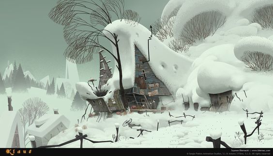 a rundown, snowcovered house sits in the foreground of a snowy landscape. the house is made of wood and has a dilapidated appearance, with some of its walls and roof missing.  the house is partially buried in snowdrifts. a rickety wooden fence runs in front of the house. the background features a snowcovered forest and mountains in the distance, all under a soft, overcast sky. the overall atmosphere is cold, remote, and slightly melancholic.