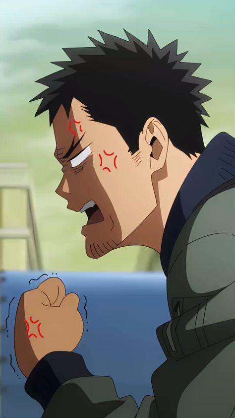 the image features a closeup portrait of a male anime character. he's depicted in a side profile, his face contorted in a clear expression of anger and frustration. his eyebrows are furrowed, teeth gritted, and red anime anger marks adorn his temples and fist. the background is a blurry suggestion of an urban environment, emphasizing the focus on the character's emotional state.  the color palette is muted, utilizing shades of grey, blue, and white to create a somewhat subdued atmosphere despite the intense emotion displayed.