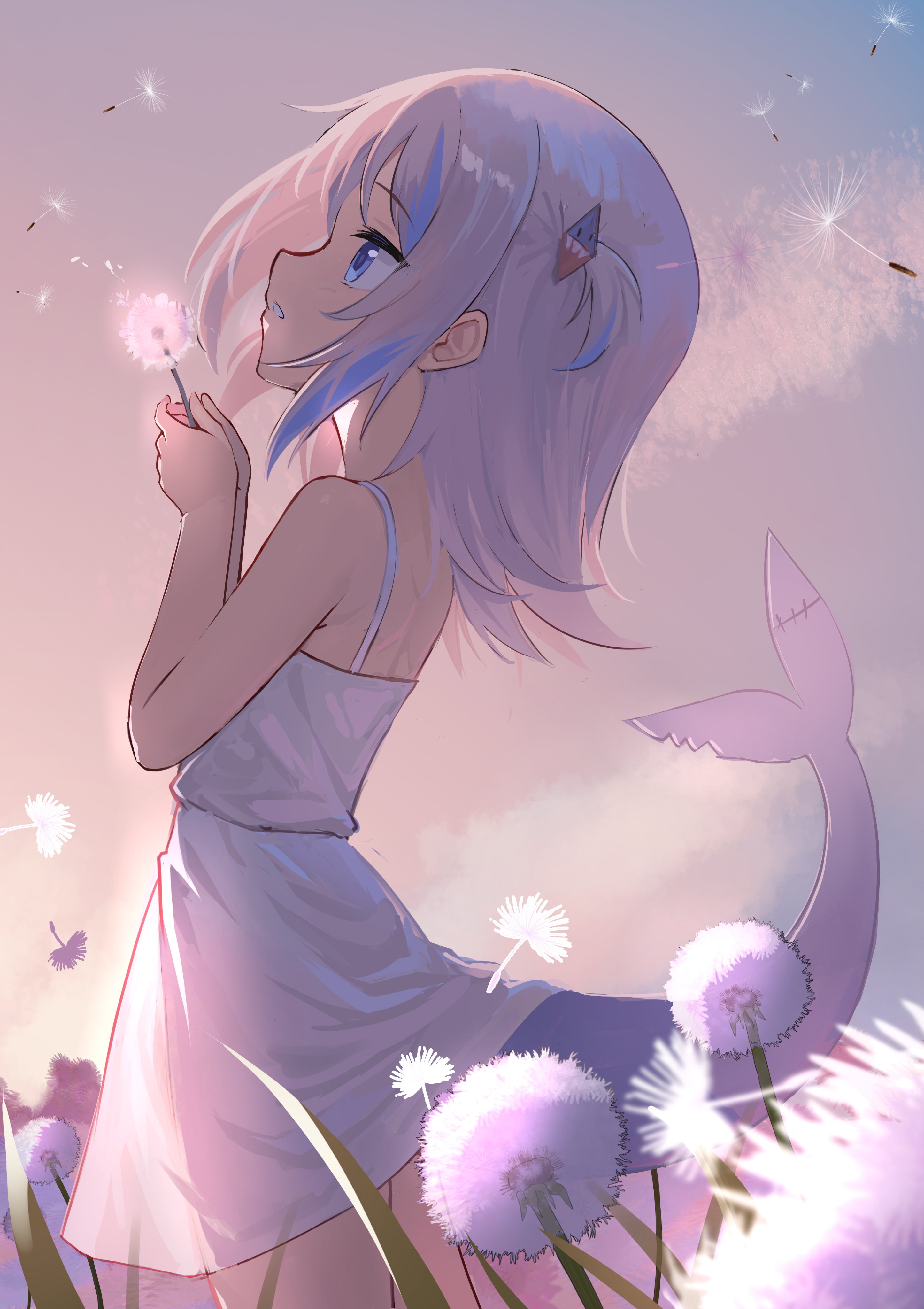the image is a digital illustration of a cute anime girl with long, light purple hair and a pale purple mermaid tail. she is wearing a simple white sundress and is standing in a field of dandelions, gently blowing on one of the flowers. the overall style is soft, pastel, and dreamy, creating a peaceful and whimsical atmosphere. the girl's expression is serene and content, and the scene evokes a sense of magical wonder. the image is highly detailed and beautifully rendered, with a focus on soft lighting and subtle color gradients.