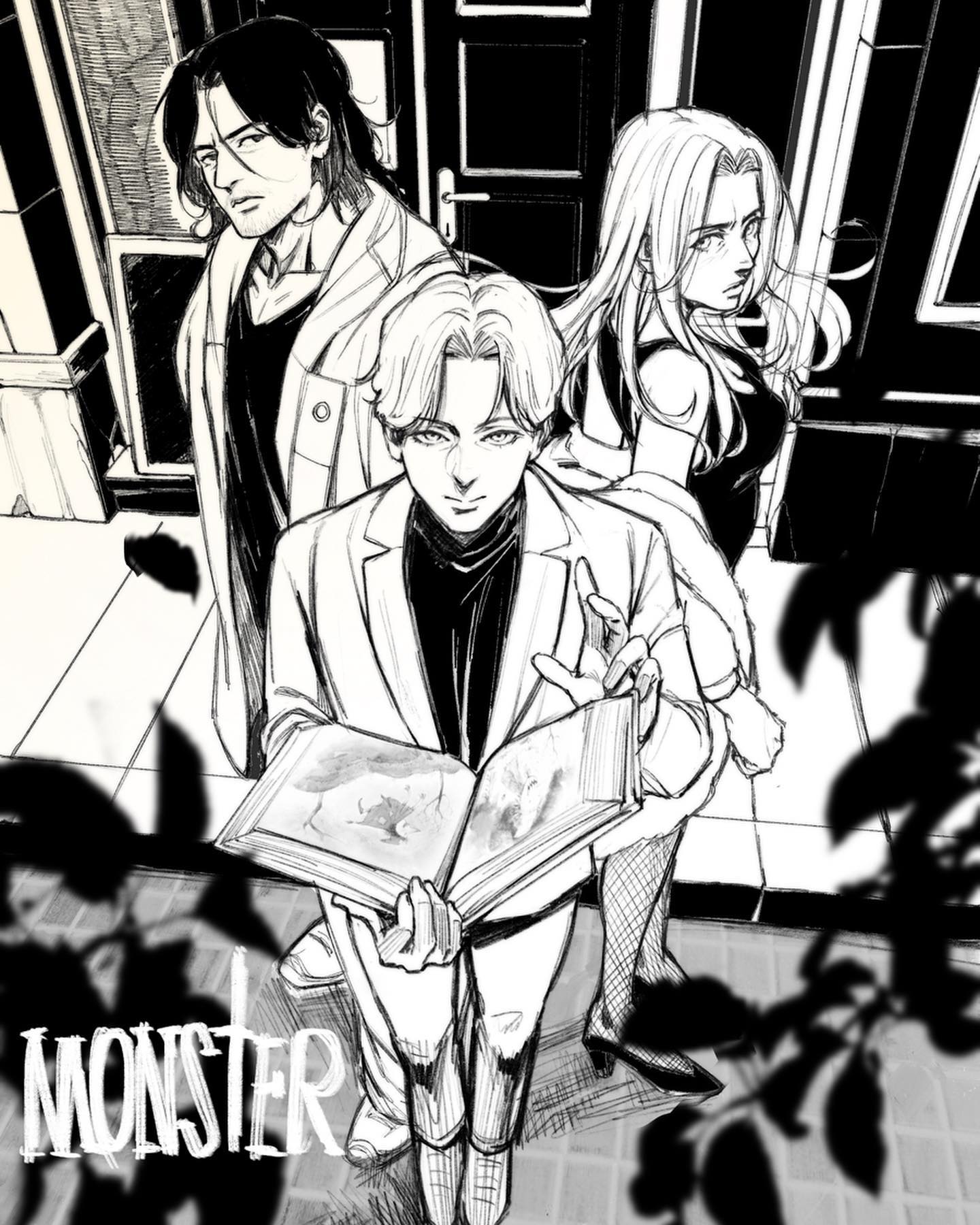 a black and white illustration of three characters in a manga or graphic novel style. the drawing has a strong sense of perspective, with the viewer looking up at the characters from a low angle. the three people are seated on stone steps in front of a doorway. the architecture suggests a grand, perhaps old building. the two men flank a woman with long hair. the man on the left, with long dark hair, wears a long coat and has a somewhat stern expression.  the central figure, a blond man, holds an open book with what appears to be anatomical drawings of mythical beasts. he looks directly at the viewer with an intense gaze. the woman, also with long dark hair, sits between the two men. her expression is unreadable. strong shadows from an unseen source to the right cast a sense of mystery and suspense.  the word “monster” is boldly printed across the bottom left corner, further adding to the overall intrigue of the scene.