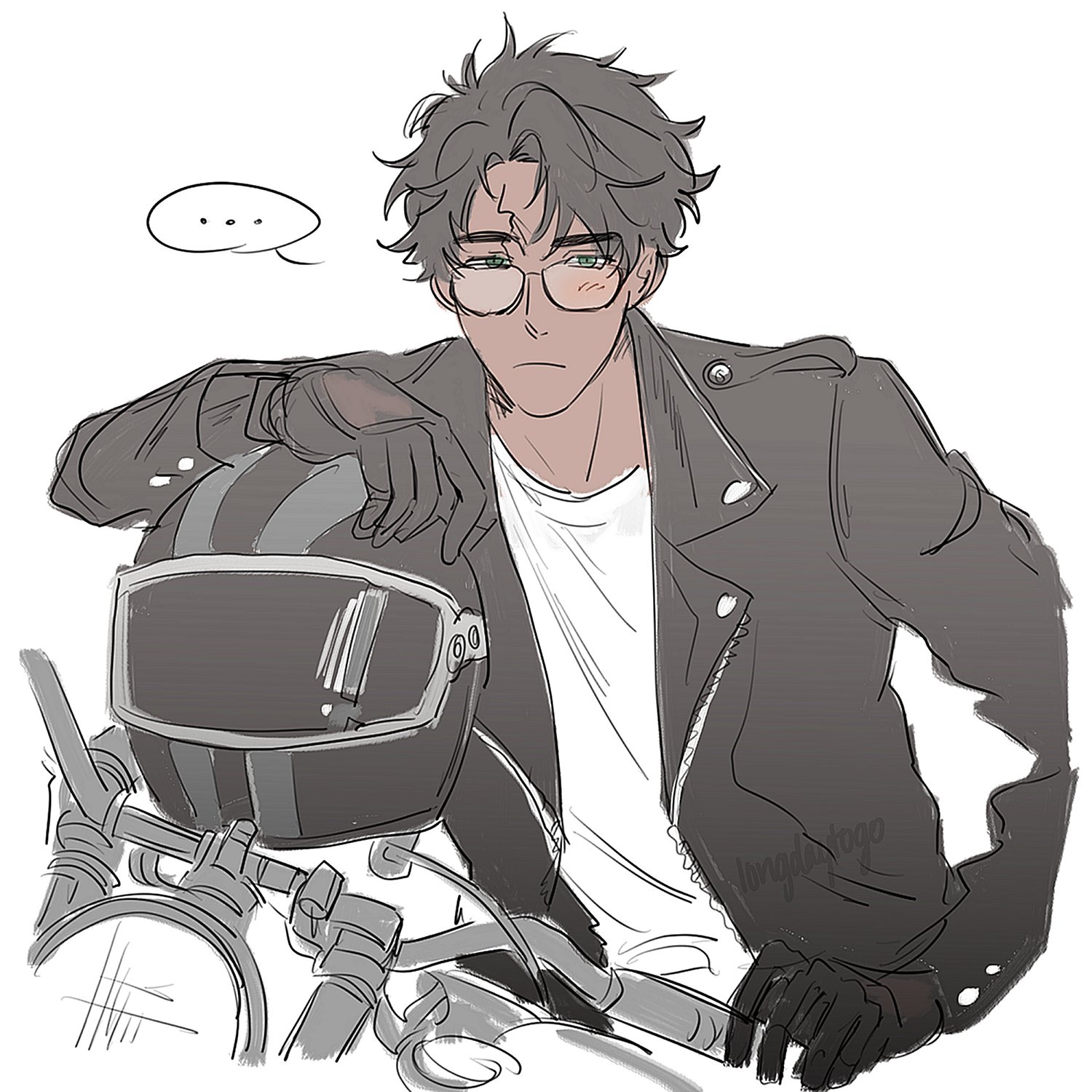 the image is a digital drawing of a young animestyle man with dark hair and glasses. he's wearing a leather jacket and gloves and is sitting on a motorcycle, with a helmet resting on the handlebars. the art style is sketchy and slightly unfinished, with a grayscale palette. the man's expression is serious and thoughtful.  the overall vibe is cool and stylish.