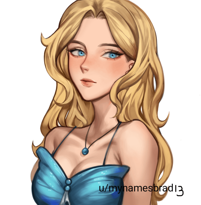 the image is a digital painting of a young woman with long, wavy blonde hair and striking blue eyes. she's depicted from the shoulders up, wearing a stylish, shimmering blue sleeveless dress with a sweetheart neckline. she has a soft, gentle expression, and subtle blush on her cheeks. a simple dark necklace with a light blue pendant hangs around her neck. the artistic style leans towards anime or manga aesthetics, with soft shading and a focus on smooth, polished lines.  the watermark "u/mynamesbrad13" is visible in the lower right corner, indicating the artist's online handle.