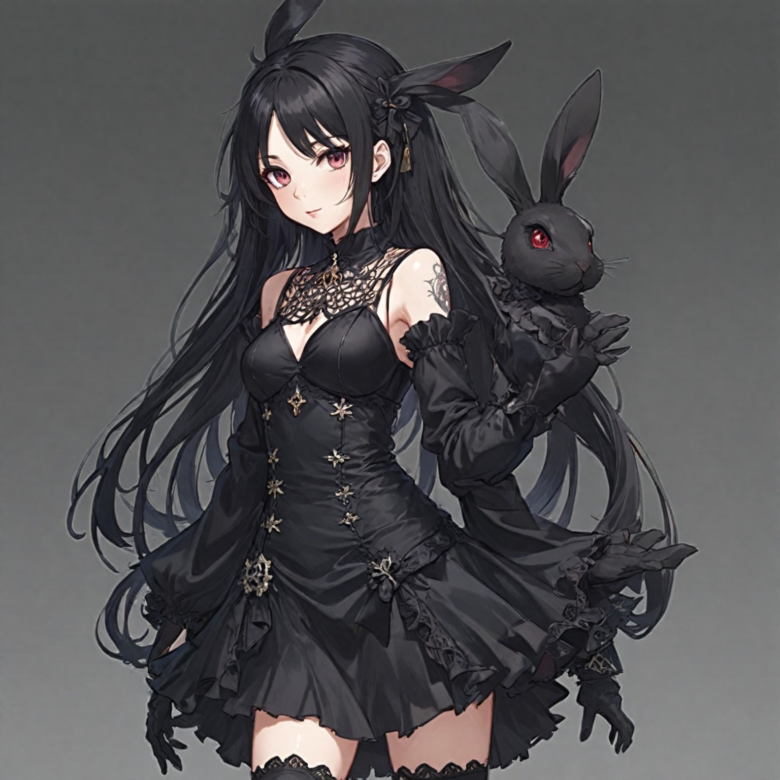 the image showcases a single female anime character, drawn in a semirealistic style. she is prominently featured in the center of the frame, taking up a majority of the space. the girl has long black hair with a slight purple hue, piercing red eyes, and wears a detailed black gothic lolita dress. her attire includes bunny ears perched atop her head and she holds a black rabbit with red eyes in her left arm. the background is a plain, light grey that contrasts sharply with her dark attire. the lighting is soft, giving her a gentle, almost ethereal look.