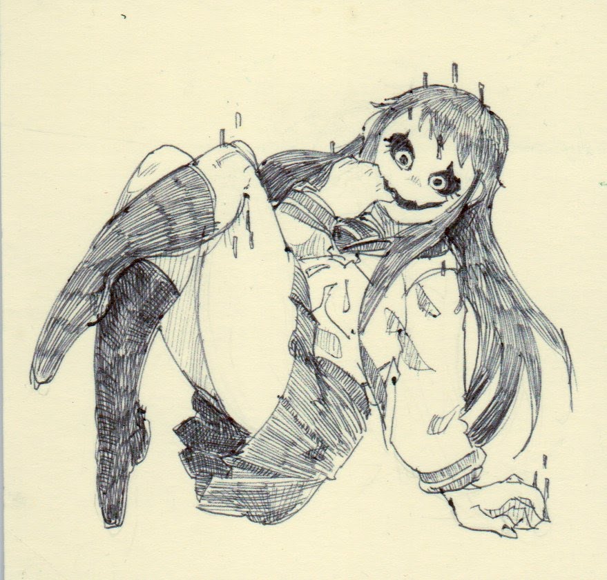 a black and white line drawing of an anime girl with long hair smiling with a creepy grin.  the girl is drawn in a style that is typical of manga and anime. she is wearing a school uniform. the drawing is done in ink and is very detailed. the girl looks creepy and unsettling.  the drawing has a dark and disturbing feel.