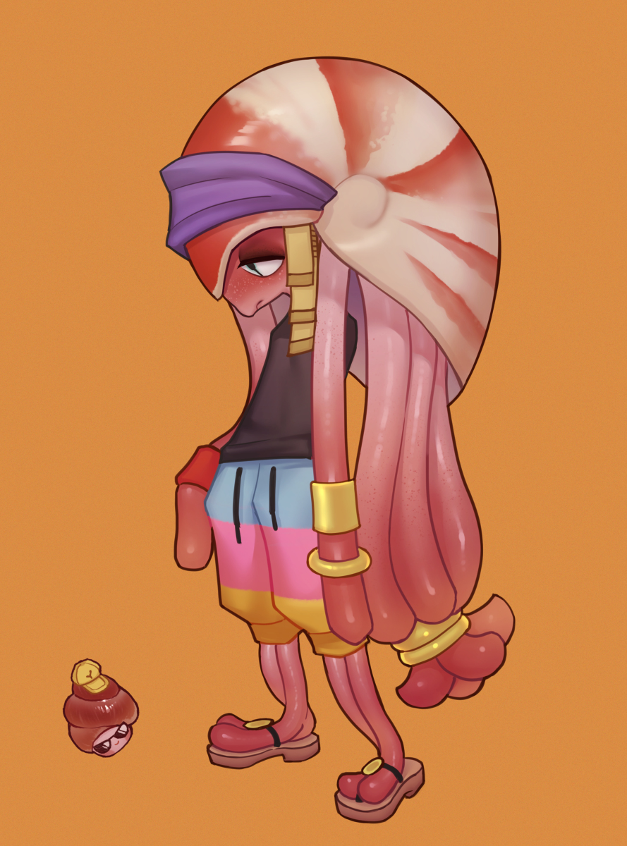 a single, stylized anthropomorphic nautilus character stands against a solid orange background. the character wears colorful clothing including a black shirt, multicolored shorts, and brown sandals. they are adorned with golden jewelry, including bracelets and a headband with dangling tassels. their shell, resembling a crosssection of a nautilus, serves as a hat. a smaller, snaillike character sits on the ground beside them. the overall illustration features soft lighting and a slightly low viewing angle.