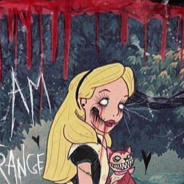 this is a digital art piece featuring a creepy and stylized version of alice from alice in wonderland. she is shown with stitches on her face and a bloody mouth. she is holding a small cat. the background is a dark, forestlike scene with dripping blood.  the art style is whimsical and surreal.