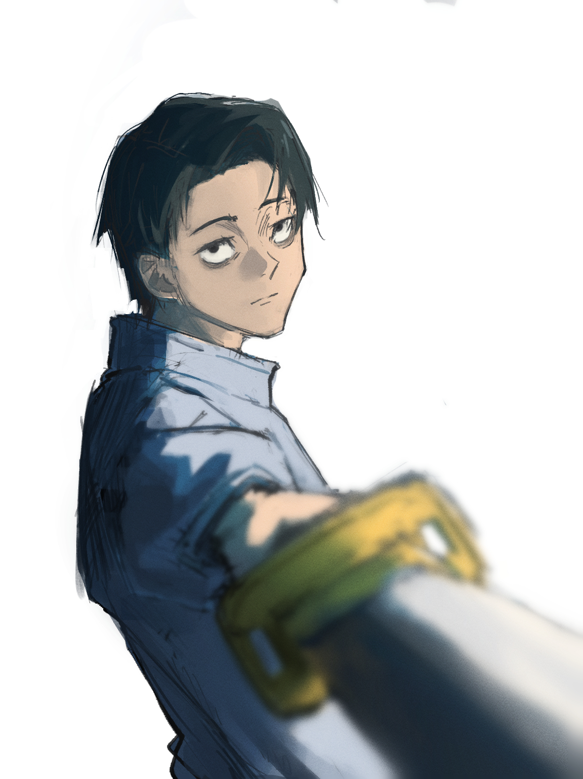 the image features a stylized portrait of a young man, likely inspired by anime or manga. he has short black hair and a determined expression. he is wearing a blue collared shirt or jacket and holds a sword with a yellow handguard.  the perspective is from the point of view of someone holding the sword alongside him, creating a sense of action and camaraderie. the overall style is loose and painterly.