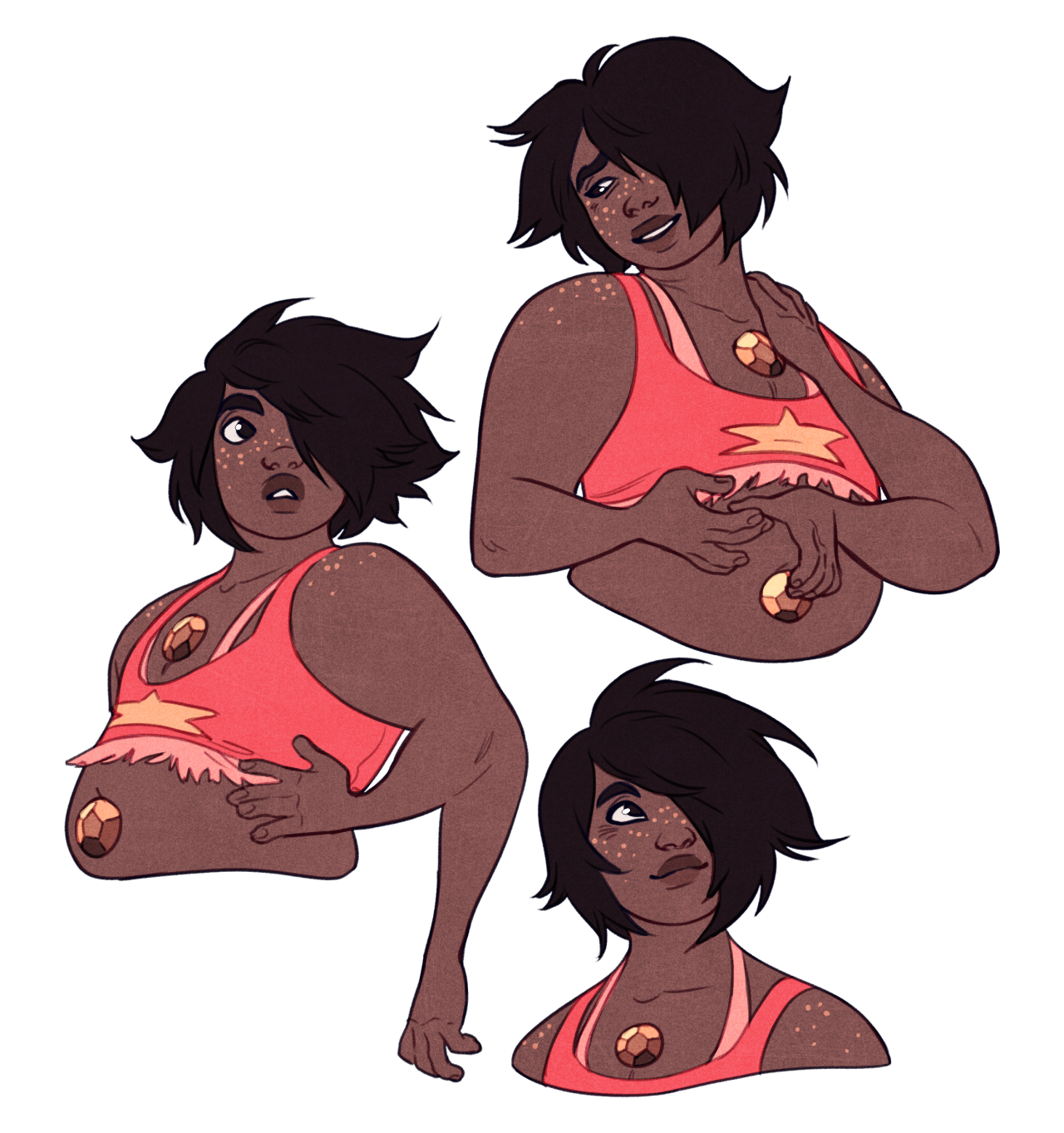 the image showcases three different poses of smoky quartz, a character from the animated series steven universe. smoky quartz is depicted as a plussized individual with dark skin, freckles, and short, messy black hair. they are wearing a red crop top with a yellow star in the center and a ripped hem, revealing their large gemstone located on their stomach. the gemstone is primarily orange with yellow accents, resembling a smoky quartz crystal.  the poses capture smoky quartz looking surprised, confident, and thoughtful. the background is a clean white, emphasizing the character and their design.