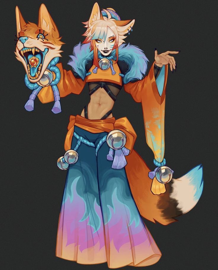 a fullbody illustration of a fox spirit fantasy character. the character has light skin, and is wearing an orange kimono with long sleeves, a furry blue collar, a small orange top, and wide blue and purple gradient pants with flame designs. they have pointed ears, a fox tail, and are holding a fox mask in one hand. the character has bells hanging from their outfit. the character has an athletic build. the spirit is wearing makeup and has a piercing in their ear.