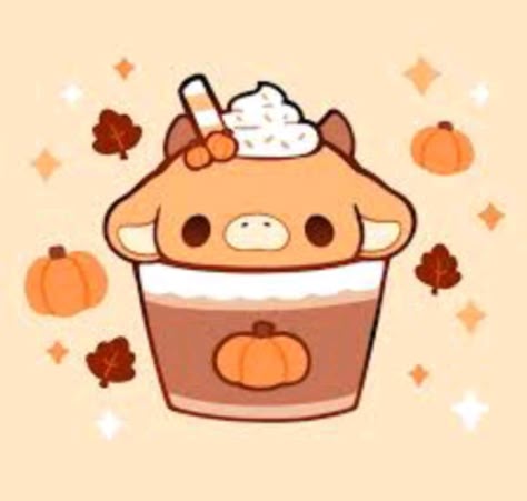 a cute cartoon drawing of an animal character holding a pumpkin spice latte. the animal is brown and has a big smile, it's wearing a pumpkin spice hat and holding a cup of pumpkin spice latte. the background is a soft orange with a few white dots and some leaves.