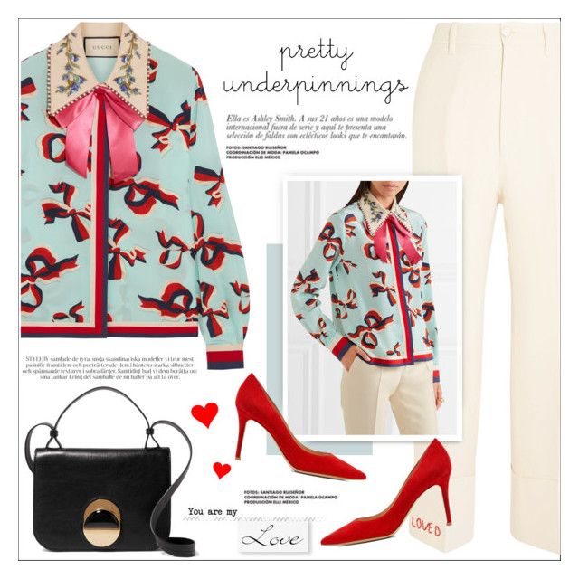 the image shows a fashion collage featuring a light blue longsleeved shirt with a red bow and ribbon print. the shirt has a pink bow at the neckline and an embroidered collar. the collage also includes a pair of white straightleg pants, red suede highheeled pumps, and a black leather handbag with a gold circle detail. the text "pretty underpinnings" is written above the shirt. the bottom of the image has a "you are my love" graphic.