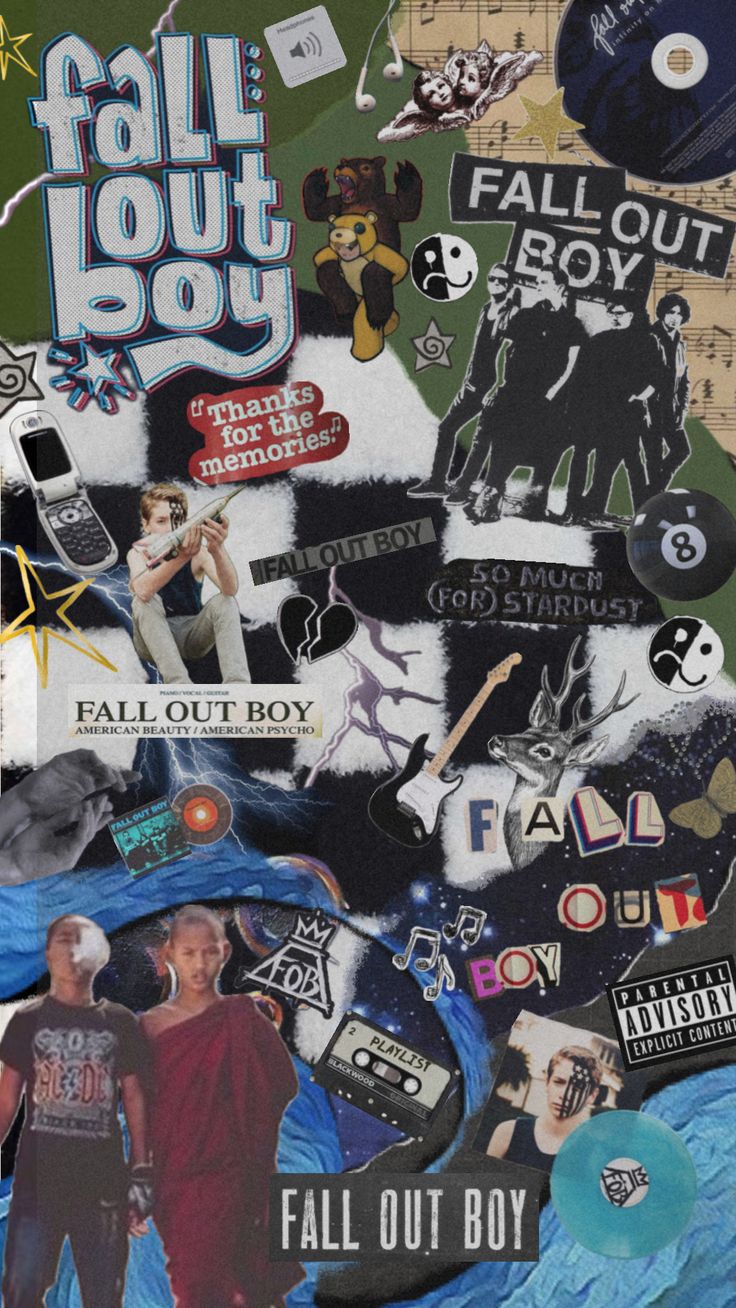 this is a collage art with a fall out boy theme. it features their logo, band members, song titles, albums, and other graphic elements. it's a  a cool, colorful and eclectic collection of items related to the band.