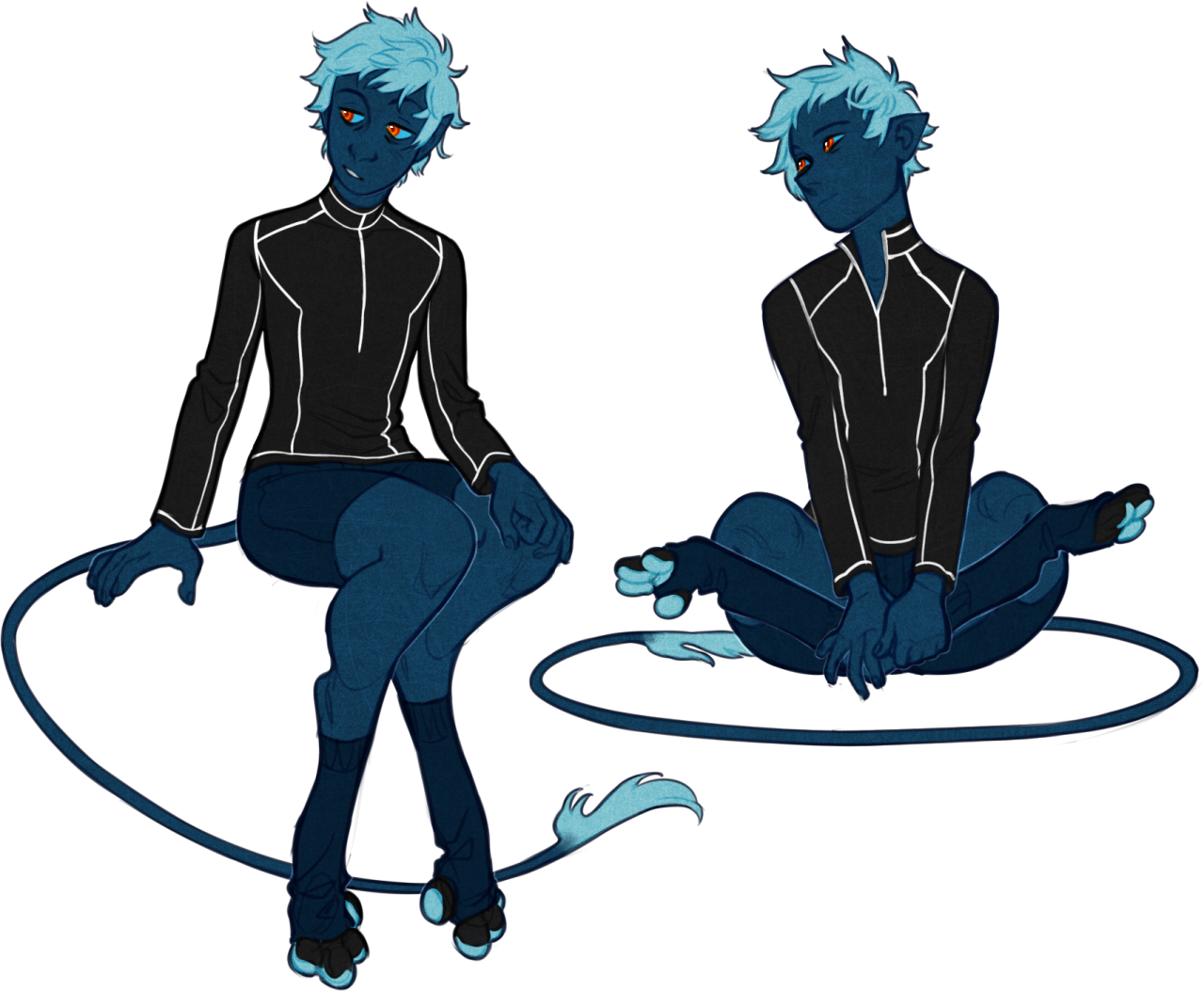 this digital illustration shows two views of the same original character, a young, bluefurred man with a long tail. the character wears a black athletic top and leggings, gray leg warmers, and black roller skates. the illustration is drawn with smooth, clean lines on a white background.