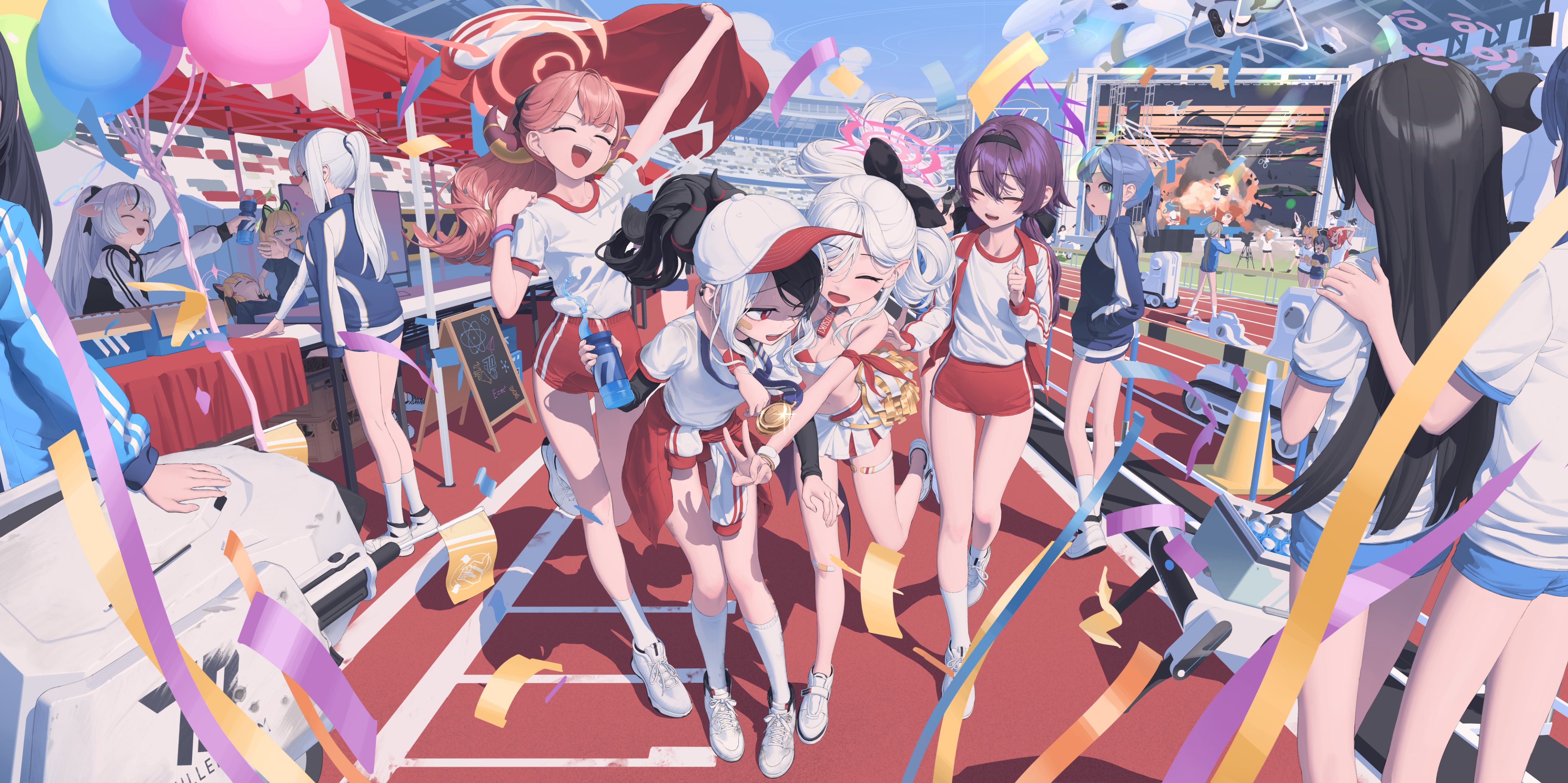 he illustration shows a group of anime girls celebrating a victory in a track and field event. they are dressed in athletic wear and are surrounded by colorful ribbons, confetti, and balloons. the scene is set in a stadium, suggesting a lively and exciting atmosphere. the girls appear happy and are embracing each other, showcasing a sense of teamwork and friendship. one of the girls is holding a medal, symbolizing their achievement. the overall style is vibrant and cheerful, emphasizing the joy of victory and camaraderie.
