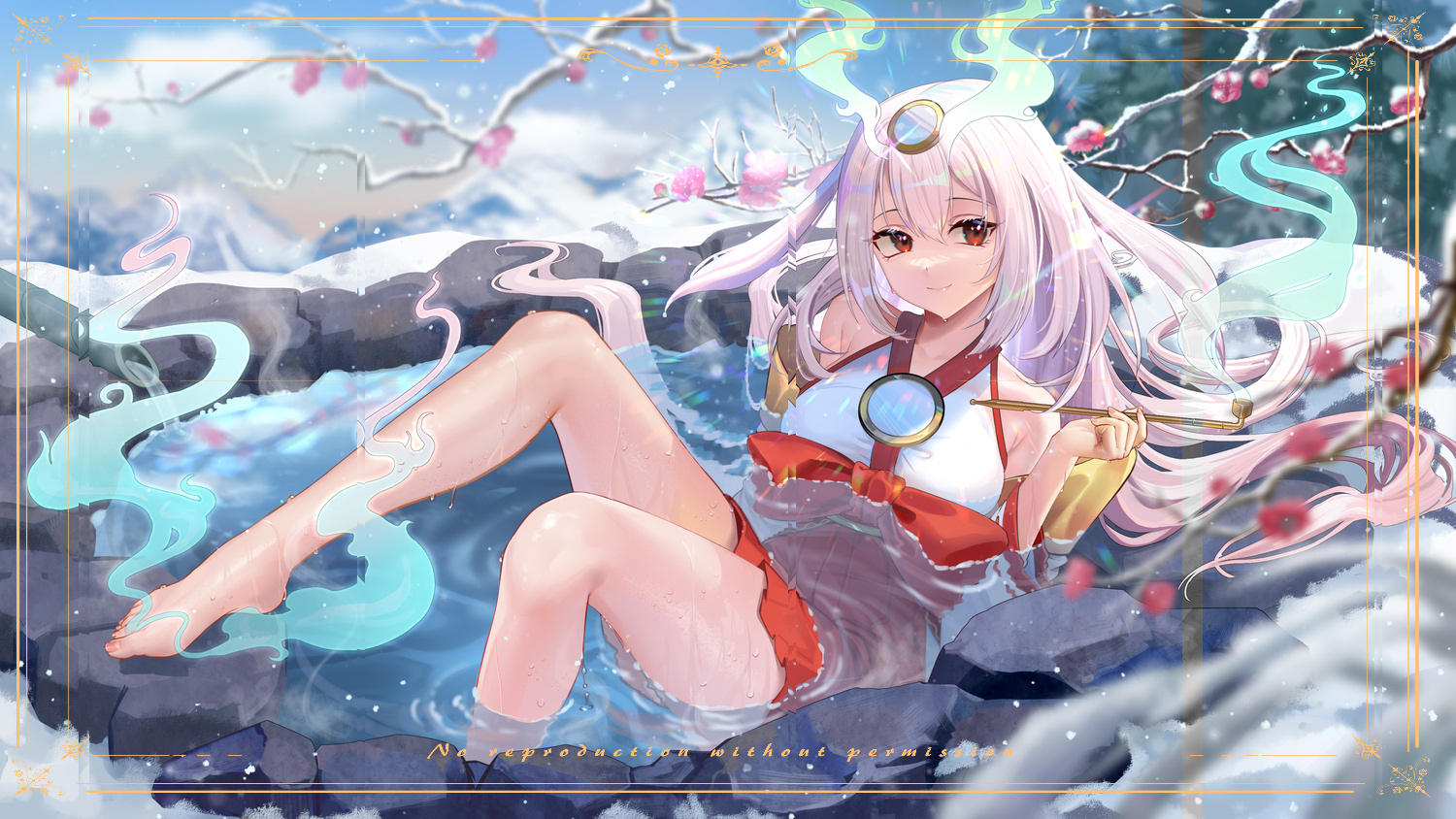 the image is a digital painting of a beautiful animestyle woman, possibly a goddess or spirit. she has long, flowing pink and white hair, adorned with ornate horns or headwear. she is partially submerged in a hot spring, surrounded by snowy scenery and blossoming branches.  the water has a soft, ethereal glow, and there are wisps of steam or magical energy around her. her clothing is a stylish blend of traditional japanese kimono elements with a fantasy touch. the overall mood is serene, peaceful, and mystical, with a focus on beauty and a sense of fantasy.  the image includes a watermark indicating that reproduction is not permitted without permission.