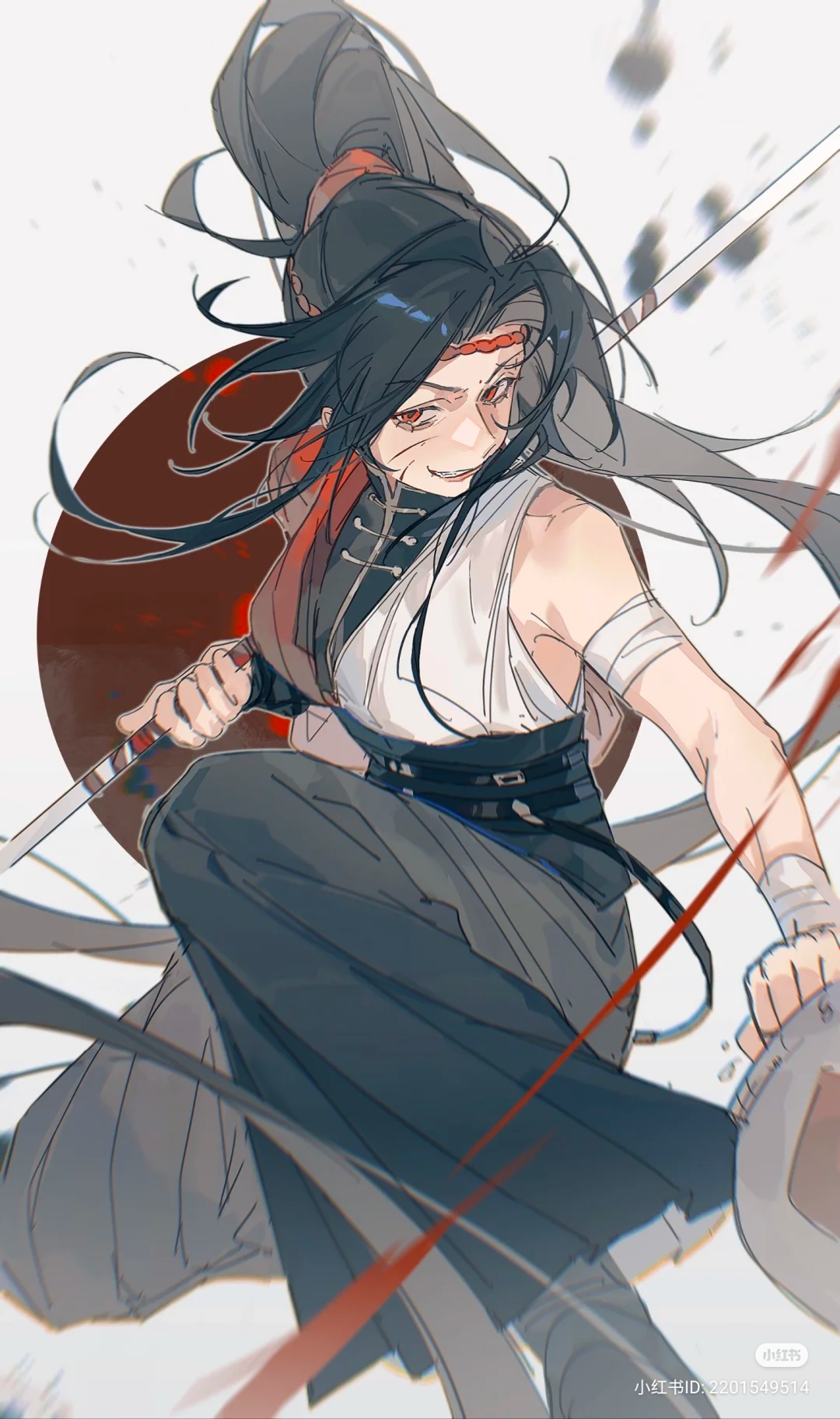 the image showcases a dynamic animestyle illustration of a fierce warrior in midaction. the character, with flowing black hair and piercing red eyes, charges forward, wielding a sword in one hand. their attire, a blend of black, white, and red, complements the fastpaced energy of the scene.  the background features abstract streaks of red and black, further emphasizing the intensity of the moment. the art style utilizes soft lighting and a dynamic perspective, creating a captivating and powerful composition.