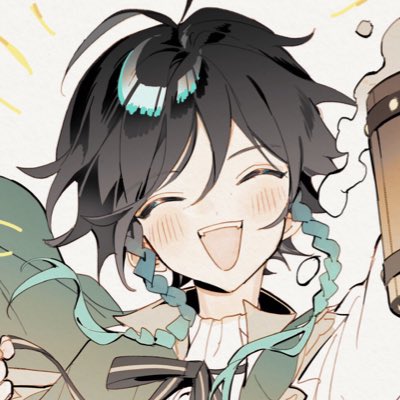 the image is a digital art piece depicting an anime girl with long black hair with teal streaks. she is smiling and cheerful, with her eyes wide and happy. her hair is styled in two long teal braids that are tied with green ribbons. she is wearing a white shirt with a green jacket over it. the background is a blurred white color. the art style is very cute and adorable.