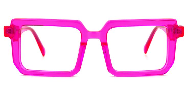 a pair of squareframed eyeglasses with transparent lenses and bright pink frames is displayed on a white background.