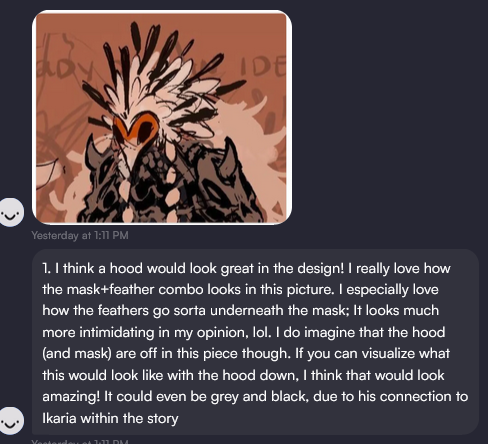 he image shows a digital drawing of a fantasy character with a birdlike mask and elaborate headdress. the character appears to be wearing dark clothing or armor. the style is dark fantasy, with strong lines and contrasting light and shadow.  a comment below the image suggests adding a hood to the design, suggesting the character is likely to be mysterious or menacing.  the comment also discusses color schemes and the character's connection to someone named "ikaria" within a story.