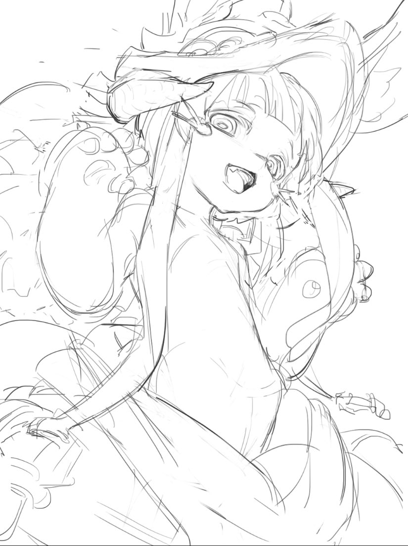 this is a black and white sketch of a young anime girl with long hair, a happy smile, and a whimsical expression. she is wearing a large, oversized hat and her hair is drawn with loose lines that evoke a sense of movement. the sketch is detailed in the girl's facial features, but the rest of her body and clothes are drawn with more simple lines, creating a sense of movement and energy. the overall aesthetic is light and whimsical, suggesting a sense of joy and innocence.