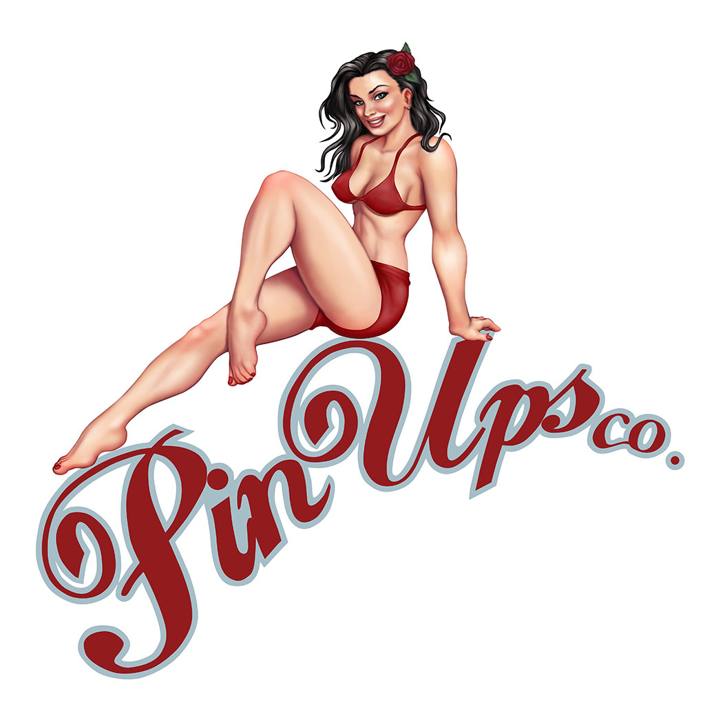 the image is a digital illustration of a pinup girl. she has dark hair, fair skin, and is wearing a red twopiece swimsuit.  she is sitting in a pose reminiscent of classic pinup art, with one leg bent and the other extended. she has a red rose in her hair.  the pinup girl is positioned on top of the stylized text "pin ups co.", which is in a maroon color with a lightgrey outline. the overall style is reminiscent of mid20thcentury pinup art, with a polished, digital painting technique. the background is plain white.