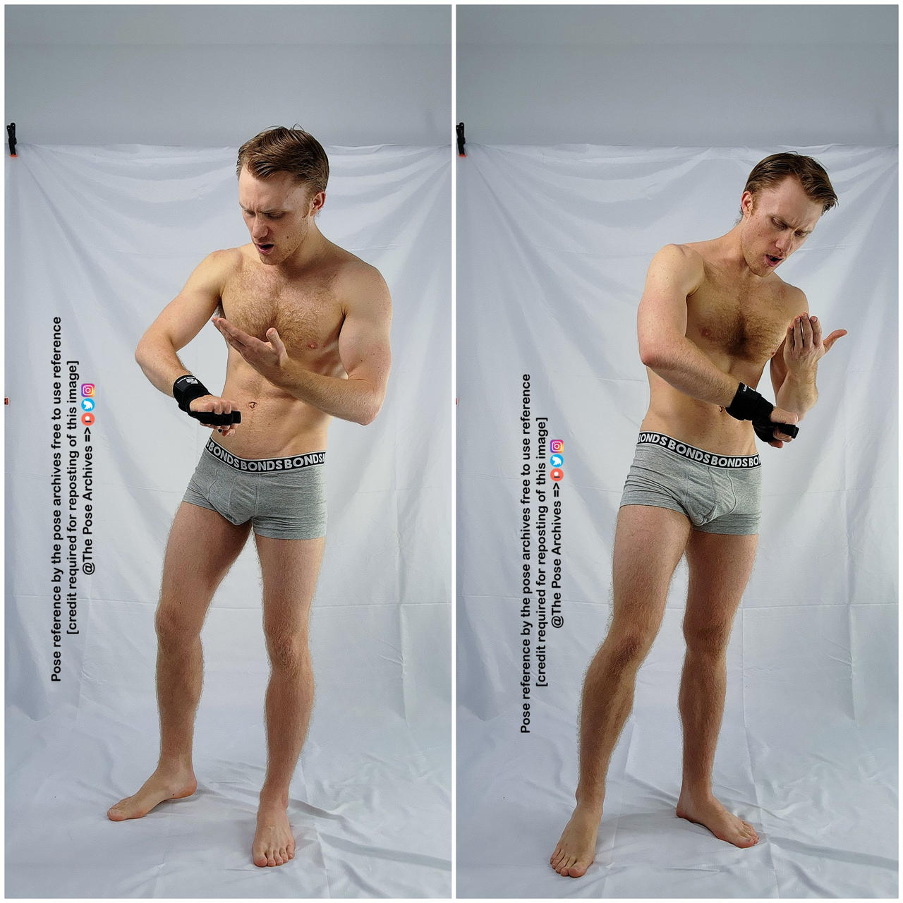 a man in his underwear is posing in front of a white background. he is wearing a black wristband on his right wrist. there is text on the image.