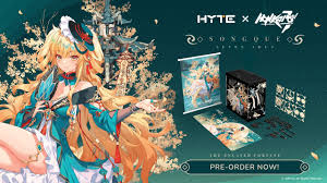 the image is an advertisement for hyte x honkai star rail songque spring bloom computer accessories. it features an animestyle character, likely songque, with golden hair and a teal and gold outfit. next to her are various accessories, including a wall scroll, a mousepad, a mouse, and keycaps, all with themed artwork. the text "hyte x honkai star rail songque spring bloom" and "preorder now!" are prominently displayed.