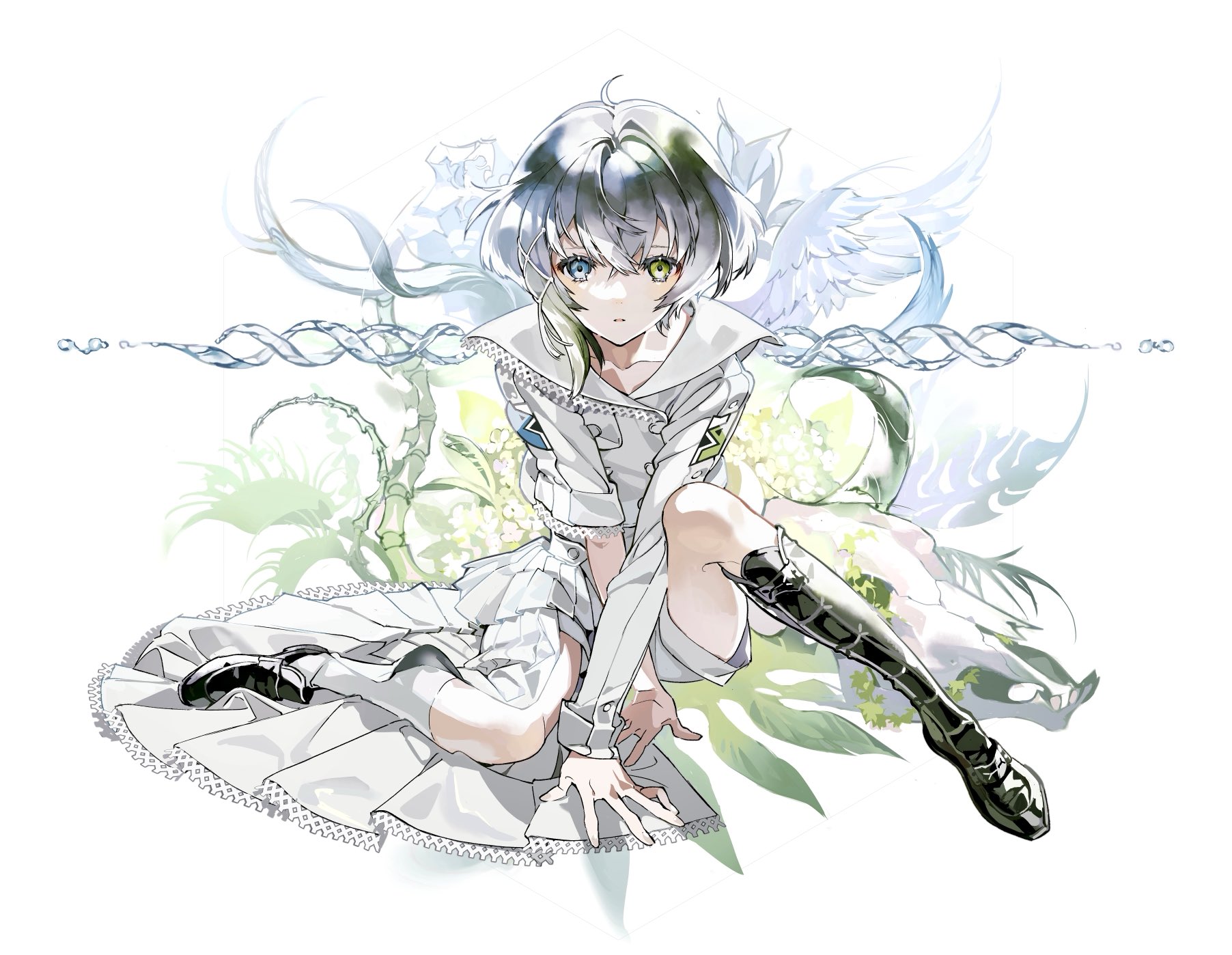 the illustration features a young woman with short, choppy silver hair and striking heterochromia, one eye a vibrant gold and the other a cool blue.  she is dressed in a flowing white dress reminiscent of a school uniform, accented with a sailorstyle collar. her pose is relaxed yet alert, sitting gracefully amidst a bed of stylized flowers and leaves. a ghostly white wing extends from behind her right shoulder, blending seamlessly with the delicate linework.  the background is primarily white, allowing the character and her surrounding floral elements to take center stage.