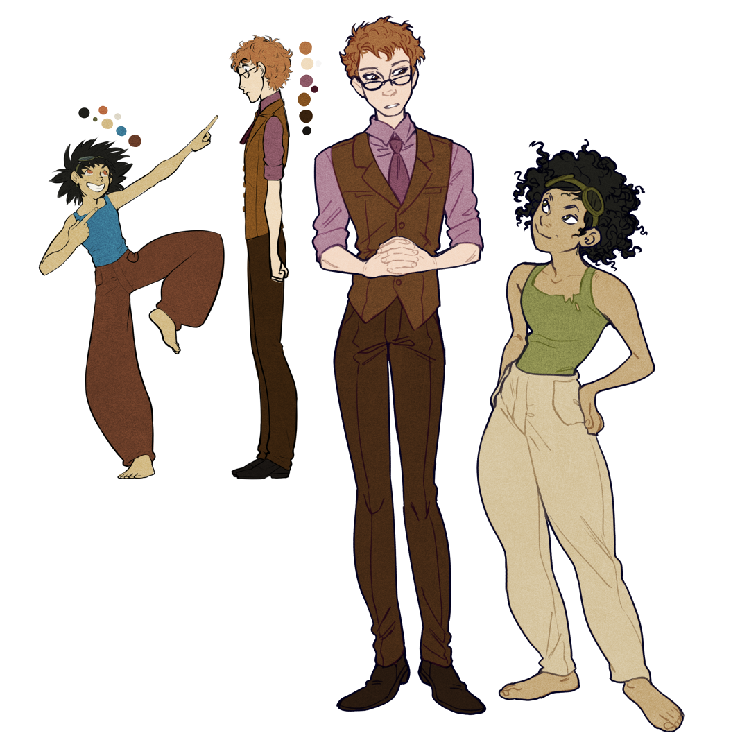 this is a character design sheet, showing three characters from the front and side. there's a color palette in the upper left corner.