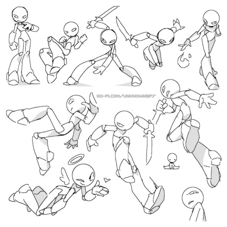 the image contains a collection of stick figure drawings depicting various poses and actions. there are figures standing, fighting with swords, kicking, jumping, running, and lying down. one figure has angel wings and a halo. the drawings appear to be sketches and may serve as art references for figure drawing.