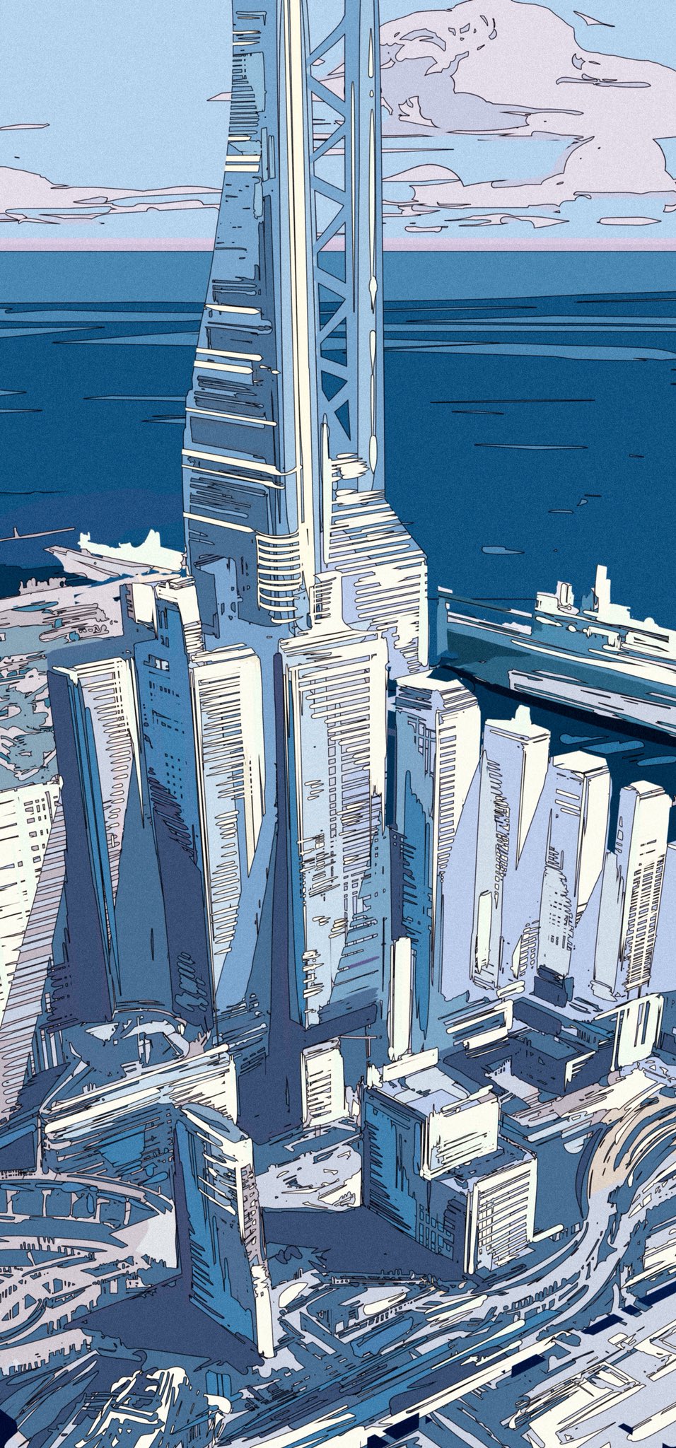 the image is an illustration of a futuristic coastal cityscape. the scene is dominated by a cluster of tall, slender skyscrapers, built in a modern and somewhat geometric style. the tallest building is centrally located and features a unique, skeletal structure with open latticework. the buildings are primarily shades of blue and white, with touches of pastel coloring suggesting light and shadow. the city is situated on the waterfront, with the ocean or sea visible in the background.  several ships or boats are visible in the harbor, indicating the city’s port activity. the artwork uses sharp lines and a detailed style to create a complex and intriguing view of the city, as if seen from a highaltitude perspective. the overall aesthetic is clean, modern, and slightly abstract.