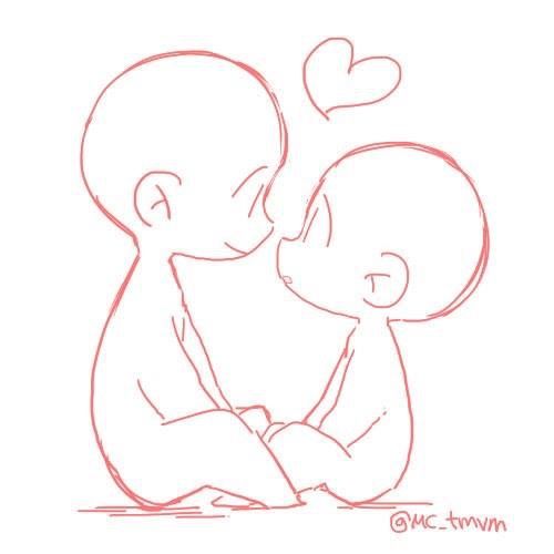 this is a drawing base of two anime characters, a girl and a boy, sitting close together with a heart above their heads. the drawing is in a very simple style, with only basic outlines and shapes. the characters are in a loving pose, suggesting romance. it is perfect for artists who want to create their own anime couple illustrations.