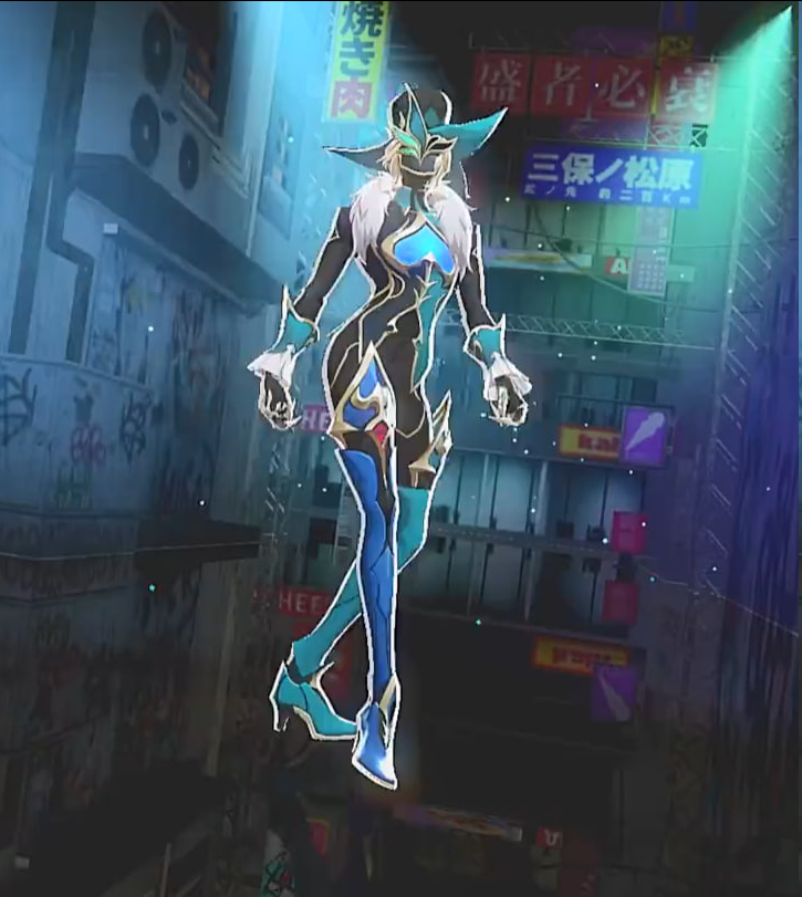 this image is a digital illustration of an anime character with blue and white colored clothing. it appears to be a woman with a sword, and the illustration has a cyberpunk city theme with neon lights.