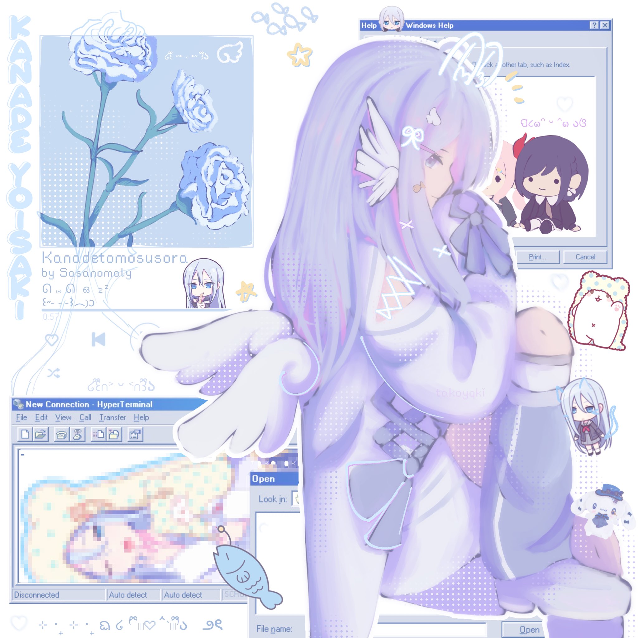 the image is a digital art collage featuring a stylized anime girl with long lavender hair and large, expressive eyes.  she is depicted wearing a pastel purple and white outfit, with wings.  the art style is very soft and dreamy, using predominantly pastel shades of purple, lavender, and white.  the image incorporates elements mimicking the look of a windows 95 or 98 computer interface, including windows, file explorer elements, and a hyperterminal window.  other smaller anime characters and decorative elements, including flowers and other small illustrations add to the collage's aesthetic.  the overall impression is of a dreamy, whimsical, and aesthetically pleasing digital creation. the text "kanadetomosusora by sasanomaly" suggests this may be fan art.
