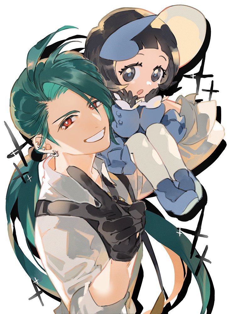 a digital illustration of a young man with green hair holding a small girl with a blue hat. the man is smiling and making a peace sign. the girl is looking at the viewer with large eyes. they are both wearing detailed clothing. the background is plain white with some cross sparkles around them.