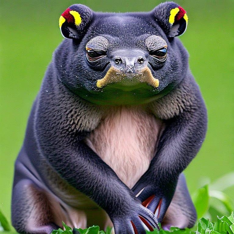 this image shows a closeup shot of a strangelooking froglike creature with grumpy facial features. it is dark gray to black with vibrant yellow, orange, and red markings on its ears. the creature is sitting in green grass and is in focus, with a blurred background.