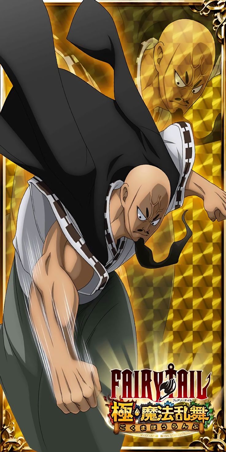 the image is a promotional poster for the anime fairy tail. it features a muscular, bald character with a menacing expression. he is wearing a black and white outfit, and his pose suggests that he is about to strike. the background is a yellow and gold checkered pattern with the fairy tail logo in the bottom right corner. the overall tone of the image is powerful and dynamic.