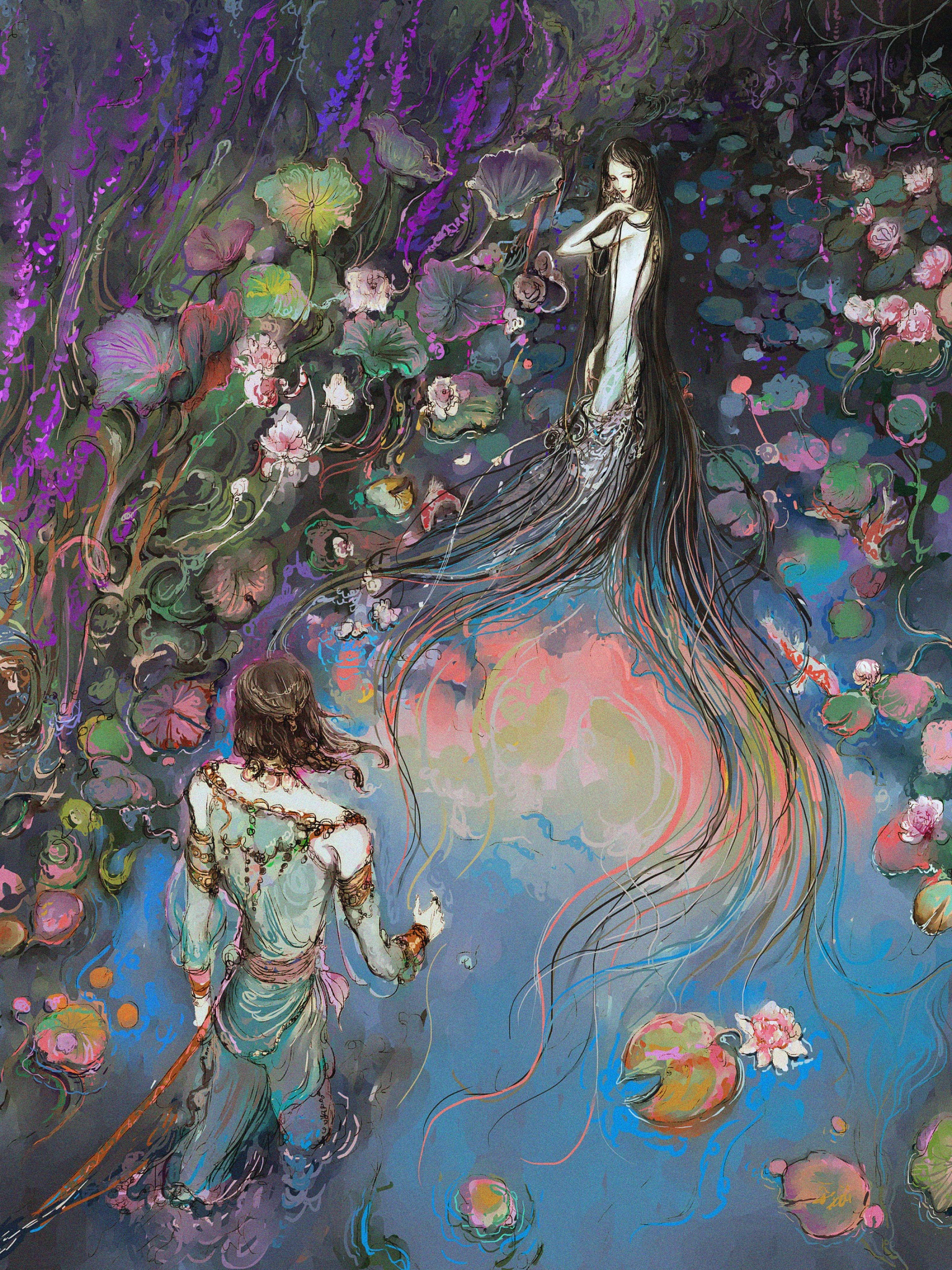 this is a fantasy painting that depicts a man in a pond with a woman in the water. the woman's long hair flows around her like a mermaid's tail. there are lotus flowers in the water, as well as other water plants. the colors of the painting are bright and vibrant, making it appear dreamy and magical. the scene is full of mystery and wonder. the painting is abstract and surreal, leaving the viewer to interpret its meaning.