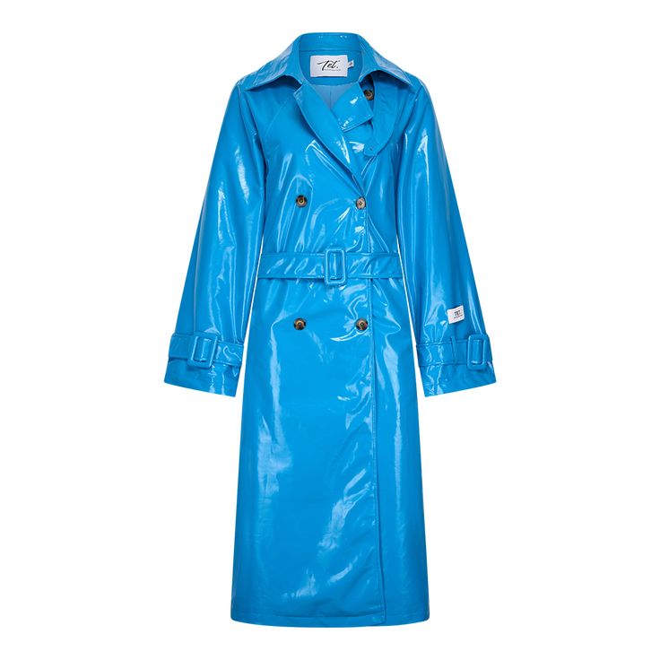 a blue shiny trench coat with double breasted closure and a belt. the coat is very stylish and trendy and would look great with a variety of outfits.