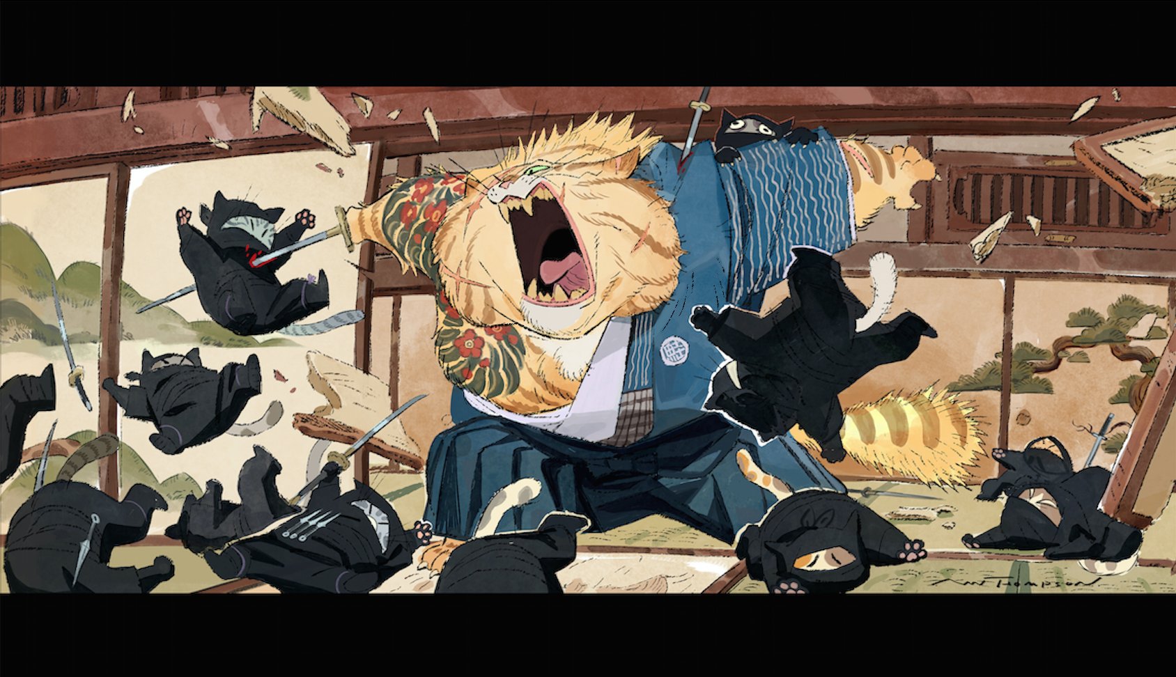 a large tabby cat samurai with a tattoo is fighting off a group of black ninja cats. the big cat is wearing traditional clothing and carrying a katana. the ninja cats are all wearing black clothing and are attempting to surround and attack the bigger cat. the background is a traditional japanese room with wooden panels and sliding doors. the art style is cartoonlike and the colors are vibrant. the scene is chaotic and energetic.