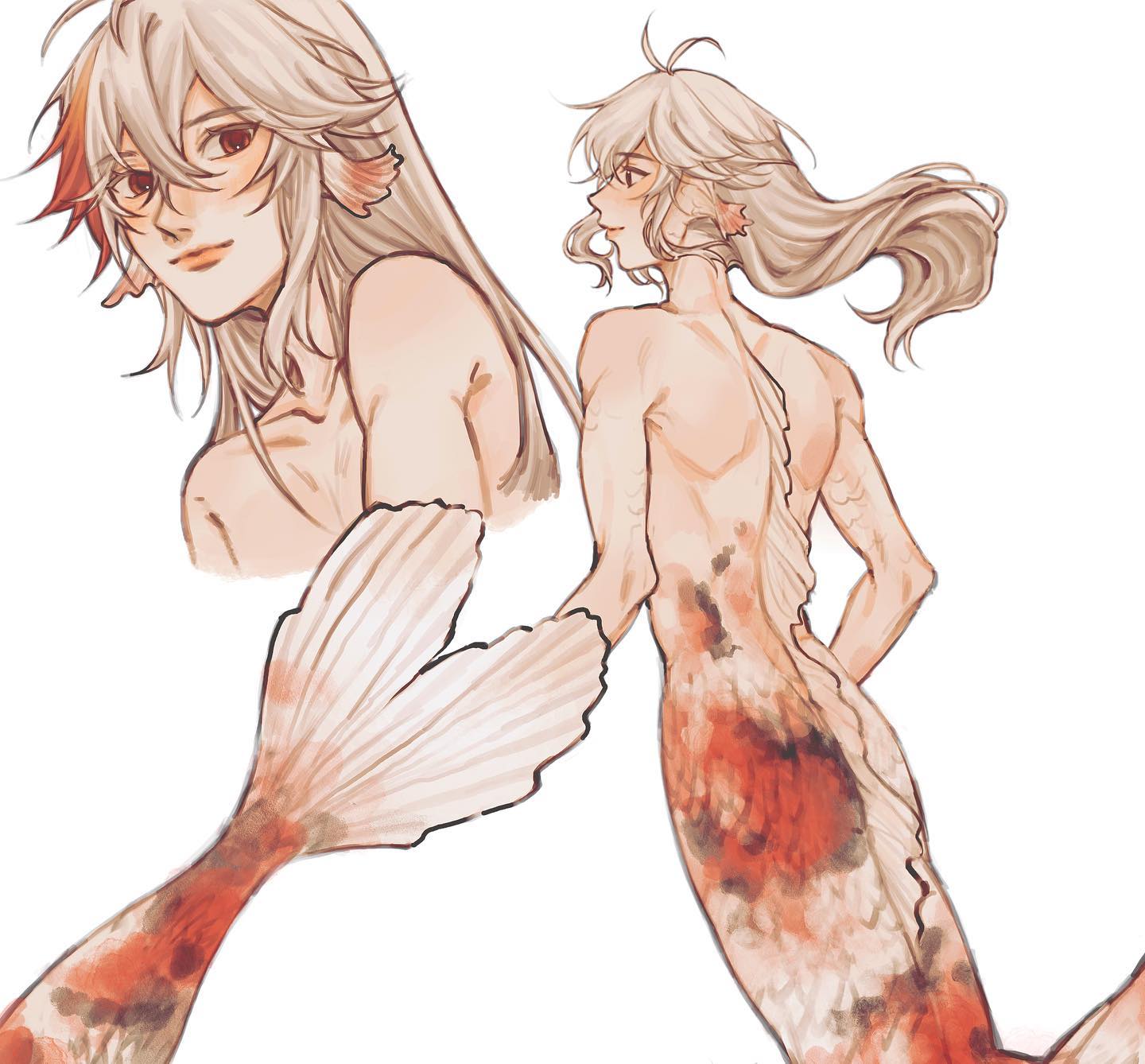 the image is a digital painting or illustration depicting a merman. the artwork showcases two views of the same character.  one view shows a closeup of the merman's face and upper body, highlighting his androgynous features with long, flowing white hair streaked with red.  the other shows a back view of the merman, displaying his koi fishlike tail which is primarily red and white, with detailed scales.  the artist’s style is soft, with muted, warm tones dominating the palette. the overall aesthetic is both ethereal and delicate.
