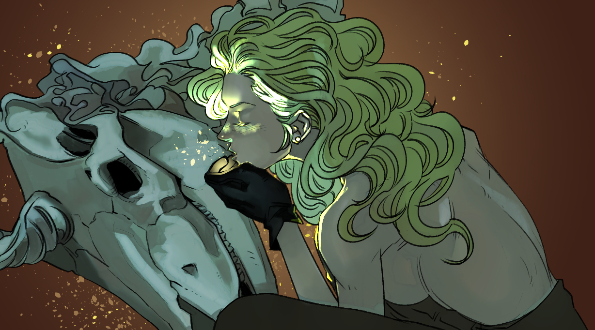 a drawing shows a woman with wavy green hair kissing a large skull. she wears dark gloves. the style is reminiscent of fantasy art.