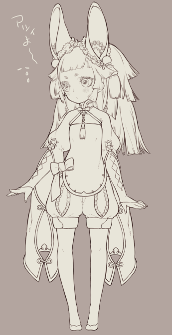 the image is a black and white sketch of a young girl with long rabbit ears. she is wearing a flowing outfit that resembles a kimono, with a large bow tied around her waist. her expression is innocent and curious. the style is reminiscent of anime and manga.